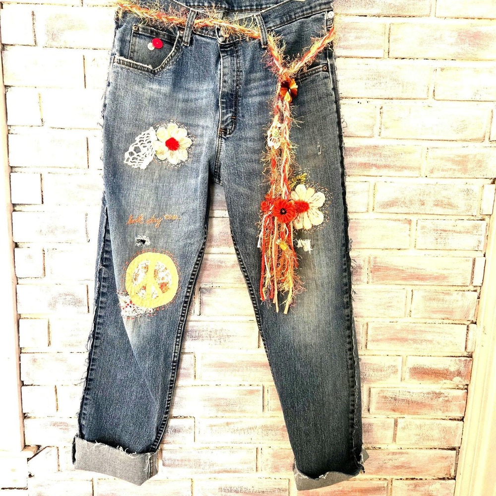 Upcycled One of a kind Distressed Patched Vintage lace Boyfriend Jeans Size 32 - Picture 10 of 10